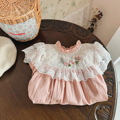 MyKids-USA® Girls Floral Embroidery Pattern Long Sleeves Ruffle Neck Dress