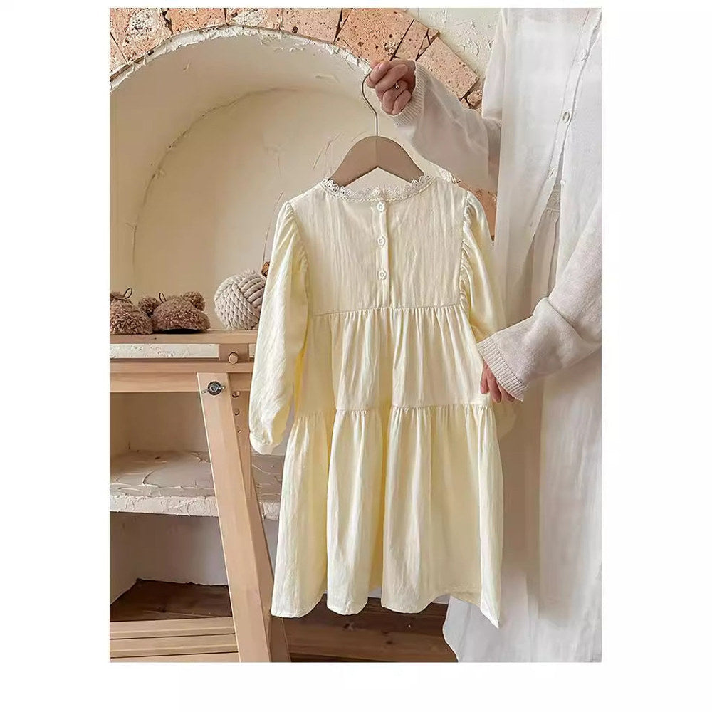 MyKids-USA® Design Girls Flowers Embroidery Pattern Long Sleeves French Style Lace Trim Ruffle Neck Dress