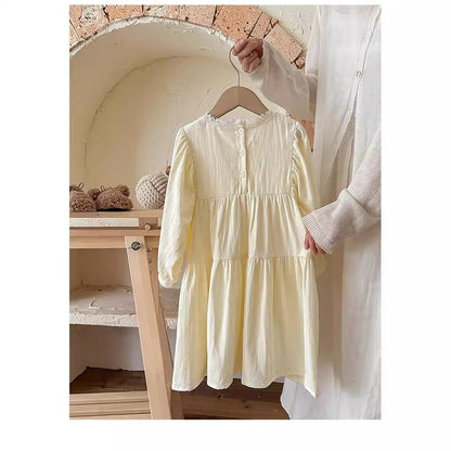 MyKids-USA® Design Girls Flowers Embroidery Pattern Long Sleeves French Style Lace Trim Ruffle Neck Dress