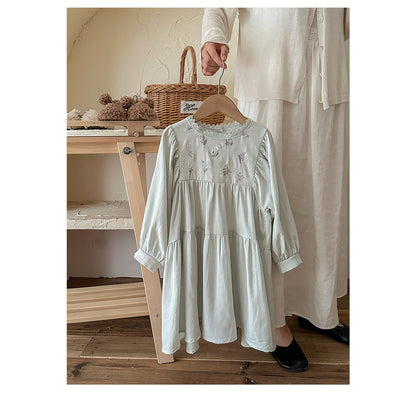 MyKids-USA® Design Girls Flowers Embroidery Pattern Long Sleeves French Style Lace Trim Ruffle Neck Dress