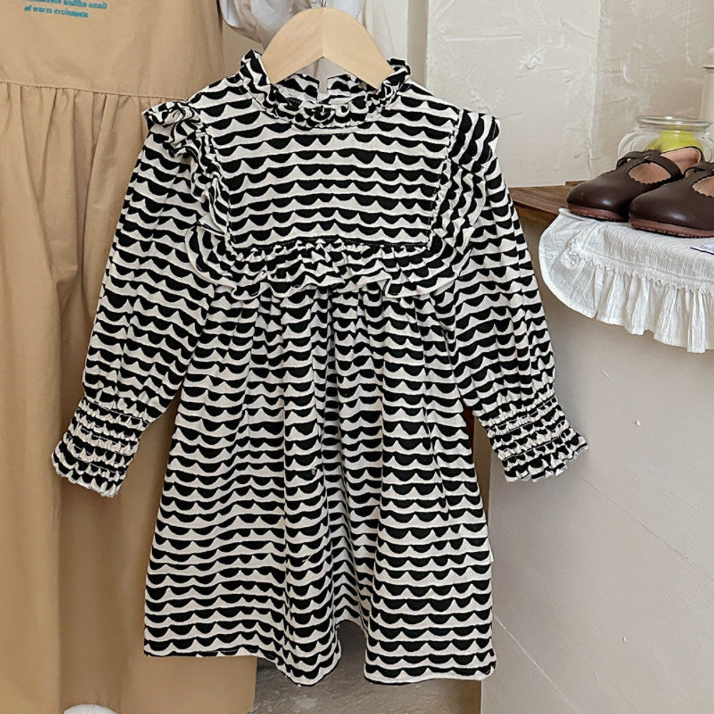 MyKids-USA® Girls Wave Print Stand Collar Ruffle Hem Dress