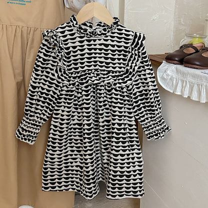 MyKids-USA® Girls Wave Print Stand Collar Ruffle Hem Dress