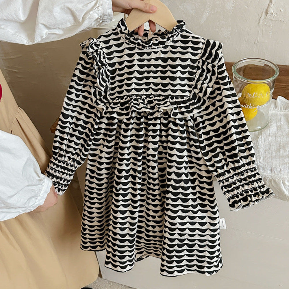 MyKids-USA® Girls Wave Print Stand Collar Ruffle Hem Dress