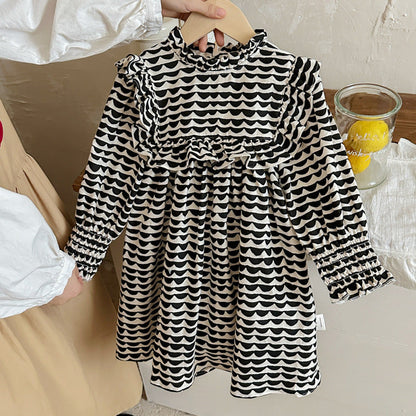 MyKids-USA® Girls Wave Print Stand Collar Ruffle Hem Dress