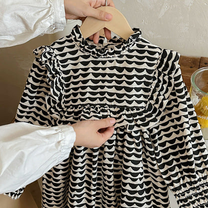 MyKids-USA® Girls Wave Print Stand Collar Ruffle Hem Dress