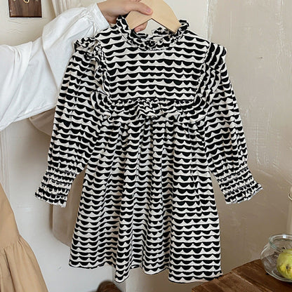 MyKids-USA® Girls Wave Print Stand Collar Ruffle Hem Dress
