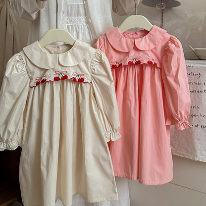 MyKids-USA® Girls Cherry Embroidery Long Sleeves Peter Pan Collar Dress