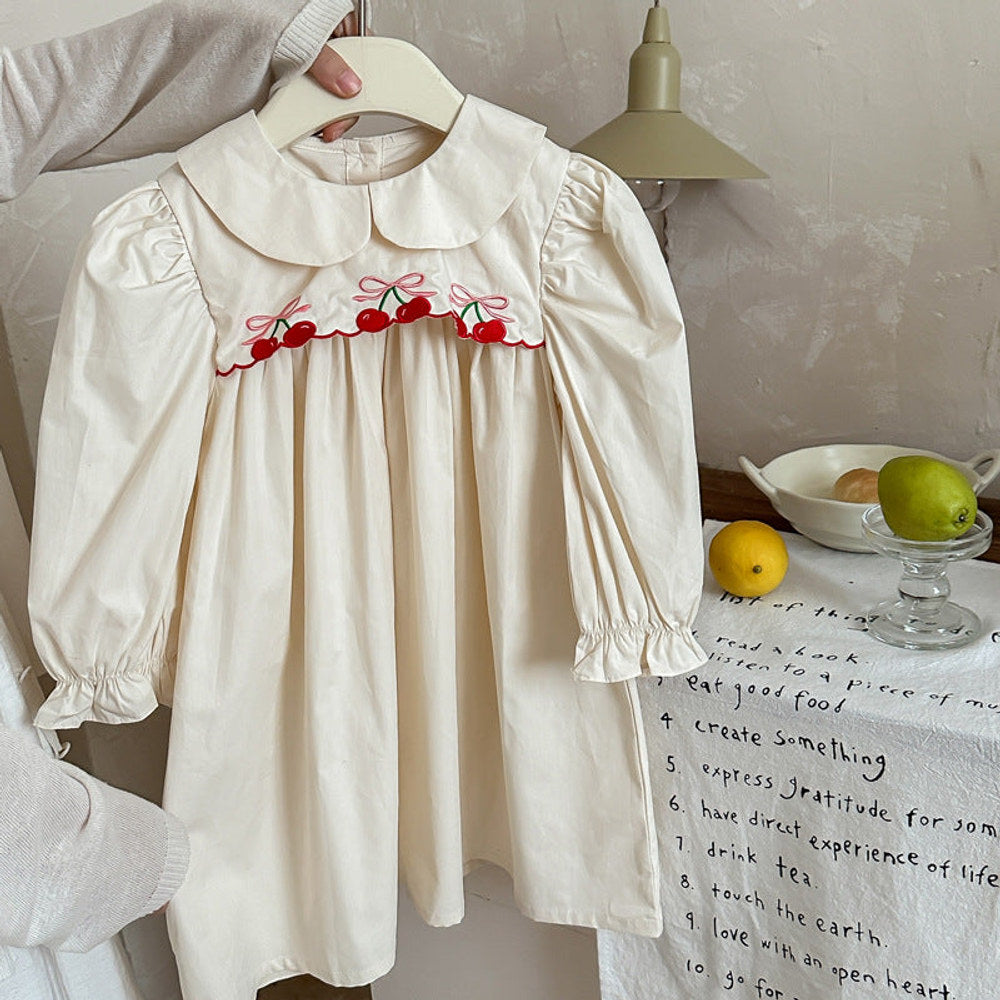 MyKids-USA® Girls Cherry Embroidery Long Sleeves Peter Pan Collar Dress