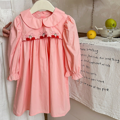 MyKids-USA® Girls Cherry Embroidery Long Sleeves Peter Pan Collar Dress