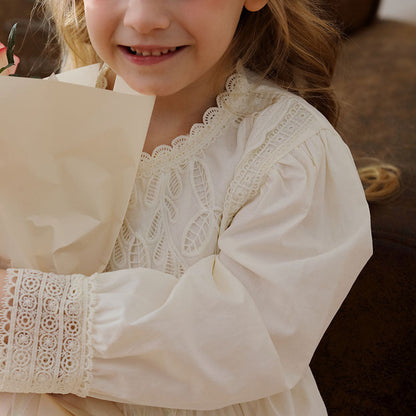 MyKids-USA® Lace Trim Design Girls Embroidery Long Sleeves Dress