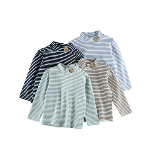MyKids-USA® Baby Kids Boys Teddy Embroidery Pattern Striped Long Sleeves Turtle Neck Top Pullover