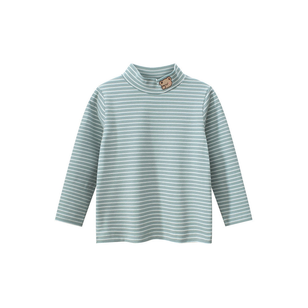 MyKids-USA® Baby Kids Boys Teddy Embroidery Pattern Striped Long Sleeves Turtle Neck Top Pullover