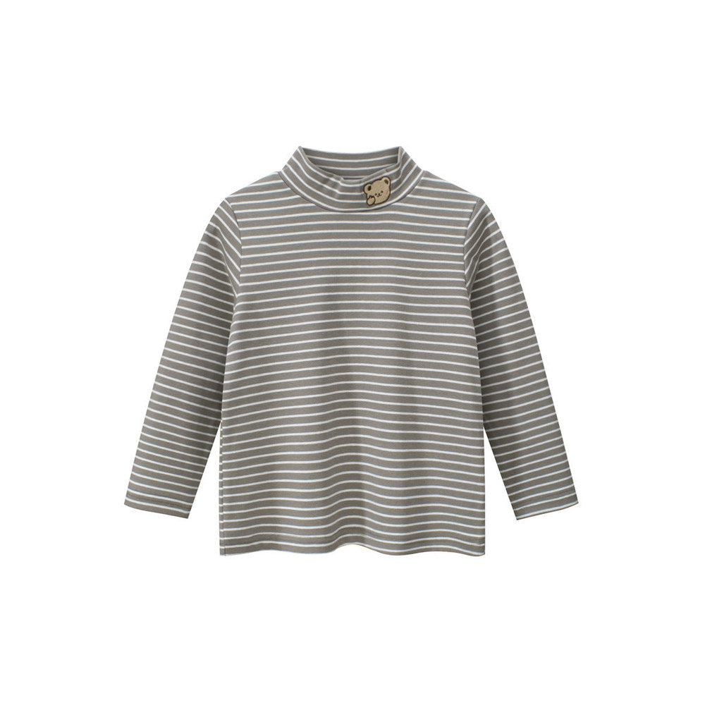 MyKids-USA® Baby Kids Boys Teddy Embroidery Pattern Striped Long Sleeves Turtle Neck Top Pullover