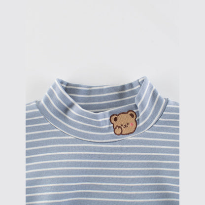 MyKids-USA® Baby Kids Boys Teddy Embroidery Pattern Striped Long Sleeves Turtle Neck Top Pullover