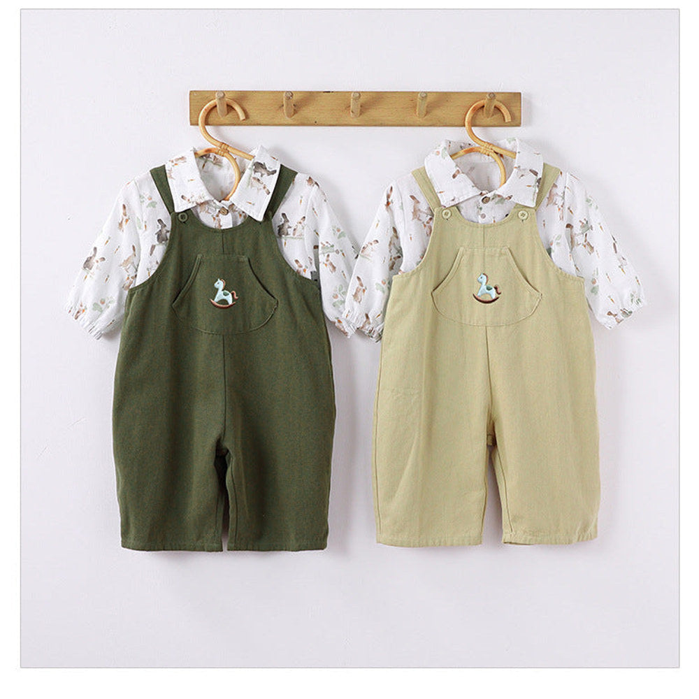MyKids-USA® Baby Unisex Cute Rabbit Print Turn-down Collar Top and Embroidered Overalls