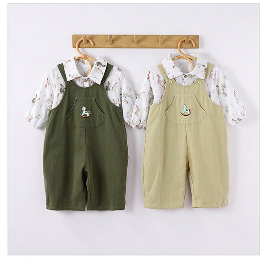 MyKids-USA® Baby Unisex Cute Rabbit Print Turn-down Collar Top and Embroidered Overalls