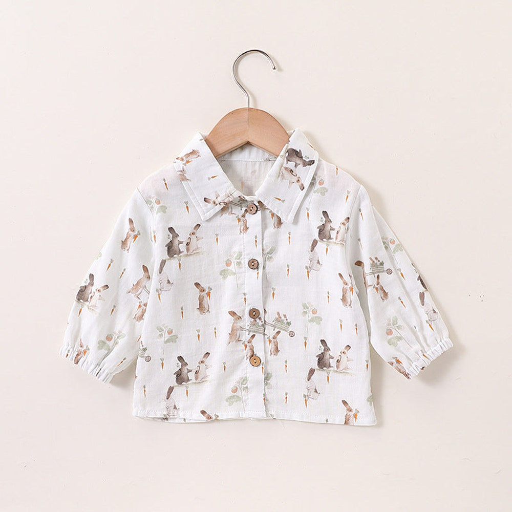 MyKids-USA® Baby Unisex Cute Rabbit Print Turn-down Collar Top and Embroidered Overalls