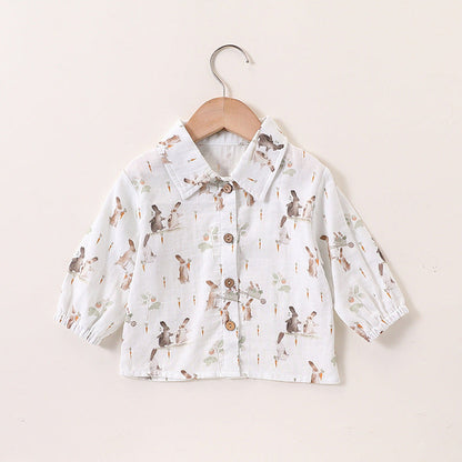 MyKids-USA® Baby Unisex Cute Rabbit Print Turn-down Collar Top and Embroidered Overalls