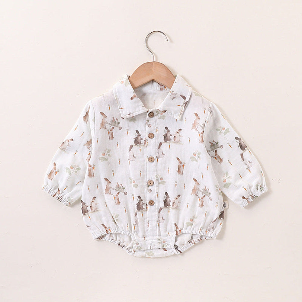 MyKids-USA® Baby Unisex Cute Rabbit Print Turn-down Collar Top and Embroidered Overalls