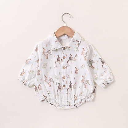 MyKids-USA® Baby Unisex Cute Rabbit Print Turn-down Collar Top and Embroidered Overalls