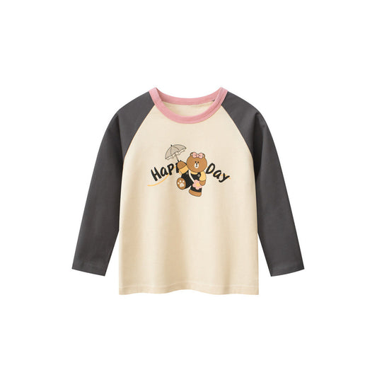 MyKids-USA® Kids Girls Cartoon Print Crew Neck Long Sleeves Color Patchwork Shirt