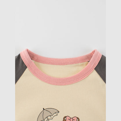 MyKids-USA® Kids Girls Cartoon Print Crew Neck Long Sleeves Color Patchwork Shirt