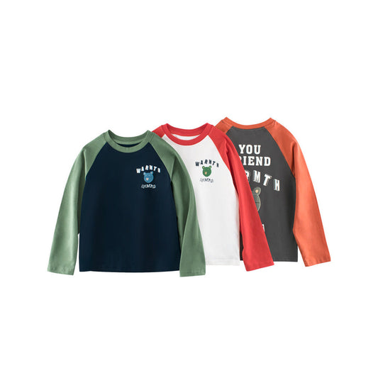 MyKids-USA® Kids Cartoon Print Crew Neck Long Sleeves Color Patchwork Shirt
