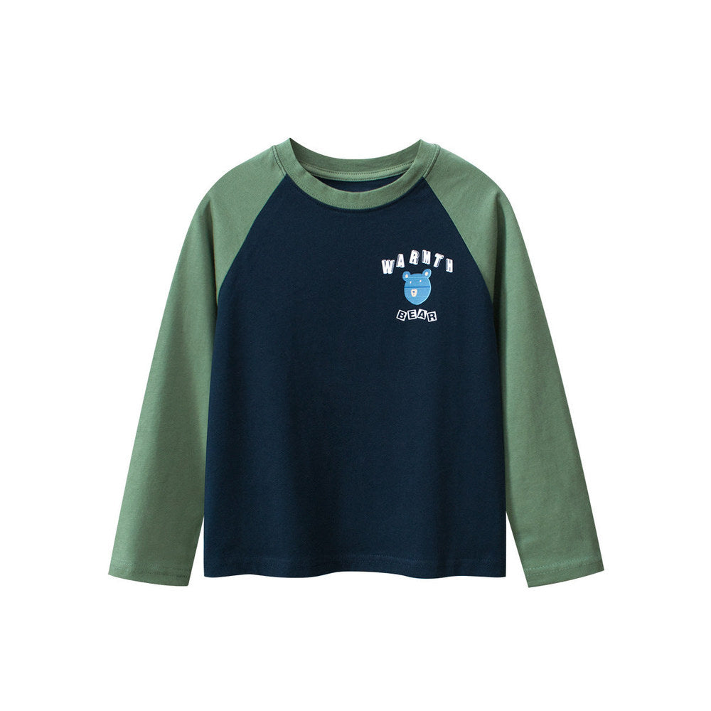 MyKids-USA® Kids Cartoon Print Crew Neck Long Sleeves Color Patchwork Shirt