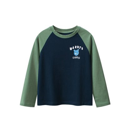 MyKids-USA® Kids Cartoon Print Crew Neck Long Sleeves Color Patchwork Shirt