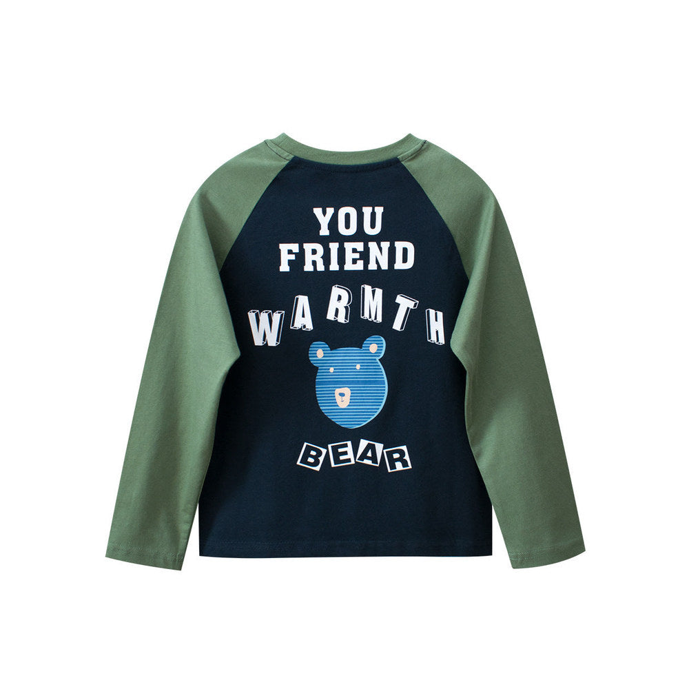 MyKids-USA® Kids Cartoon Print Crew Neck Long Sleeves Color Patchwork Shirt