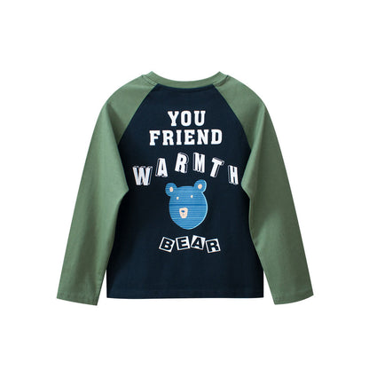 MyKids-USA® Kids Cartoon Print Crew Neck Long Sleeves Color Patchwork Shirt