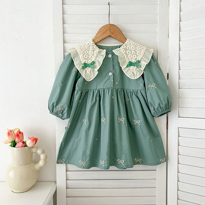 MyKids-USA® Baby Kids Girls Long Sleeves Bows Embroidery Pattern Floral Collar bodysuit or Dress – Princess Sister Matching