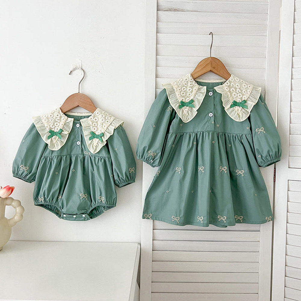 MyKids-USA® Baby Kids Girls Long Sleeves Bows Embroidery Pattern Floral Collar bodysuit or Dress – Princess Sister Matching