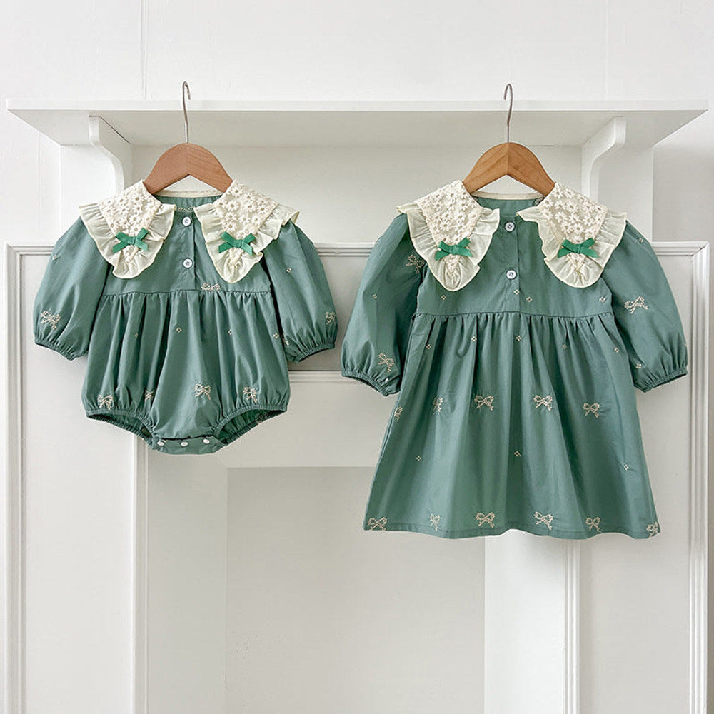MyKids-USA® Baby Kids Girls Long Sleeves Bows Embroidery Pattern Floral Collar bodysuit or Dress – Princess Sister Matching