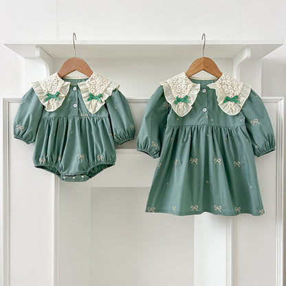 MyKids-USA® Baby Kids Girls Long Sleeves Bows Embroidery Pattern Floral Collar bodysuit or Dress – Princess Sister Matching