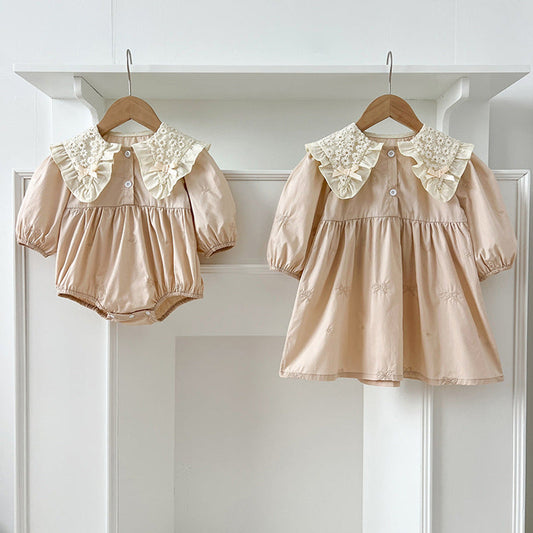 MyKids-USA® Baby Kids Girls Long Sleeves Bows Embroidery Pattern Floral Collar bodysuit and Dress – Princess Sister Matching Set