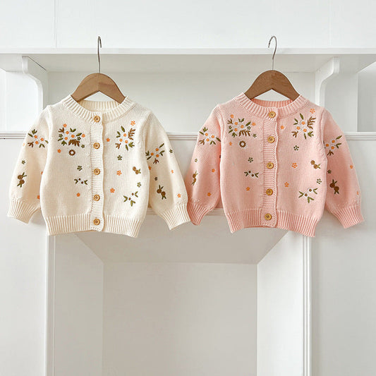 MyKids-USA® Baby Kids Girls Comfortable Flowers Embroiedery Pattern Knitted Long Sleeves Cardigan