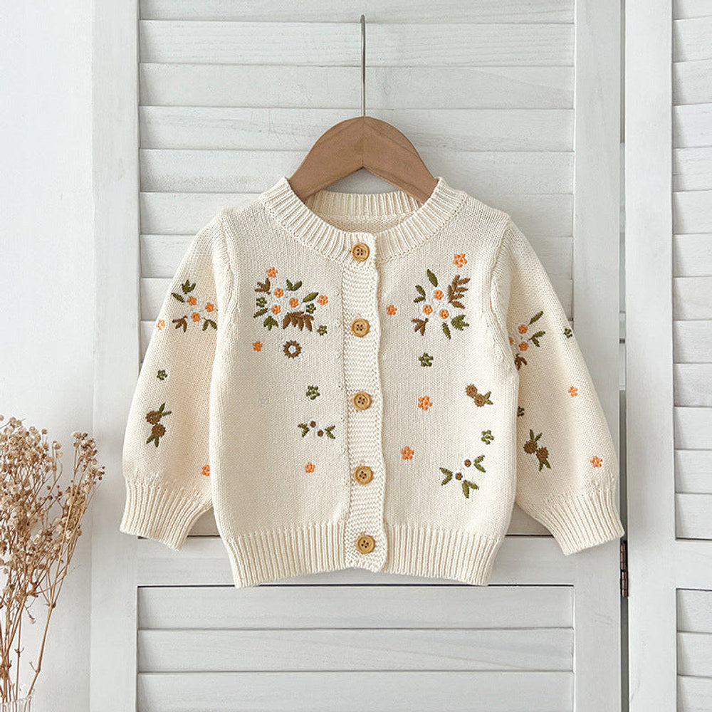 Autumn Arrival Baby Kids Girls Comfortable Flowers Embroiedery Pattern Knitted Long Sleeves Cardigan