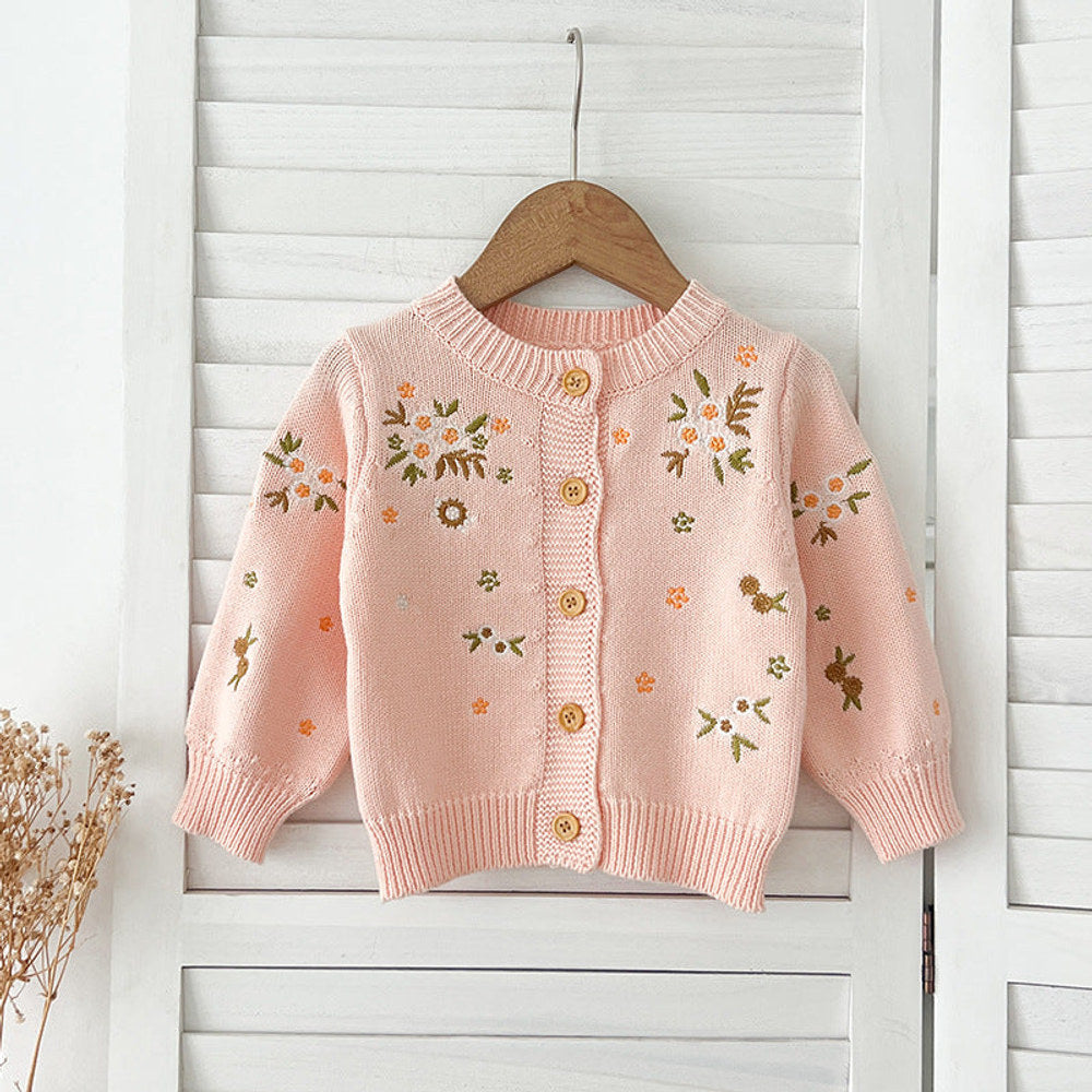 Autumn Arrival Baby Kids Girls Comfortable Flowers Embroiedery Pattern Knitted Long Sleeves Cardigan