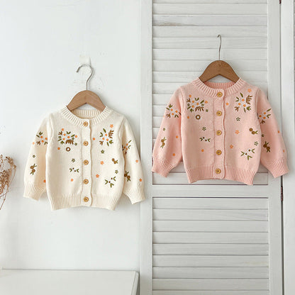 Autumn Arrival Baby Kids Girls Comfortable Flowers Embroiedery Pattern Knitted Long Sleeves Cardigan