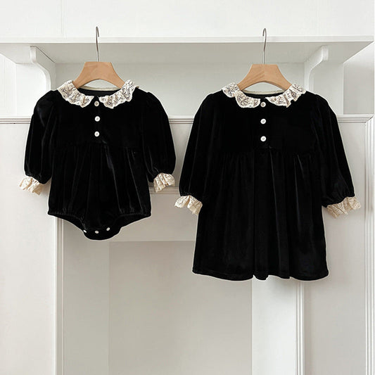 MyKids-USA® Baby Kids Girls Long Sleeves Lace Facing bodysuit and Dress – Princess Sister Matching Set