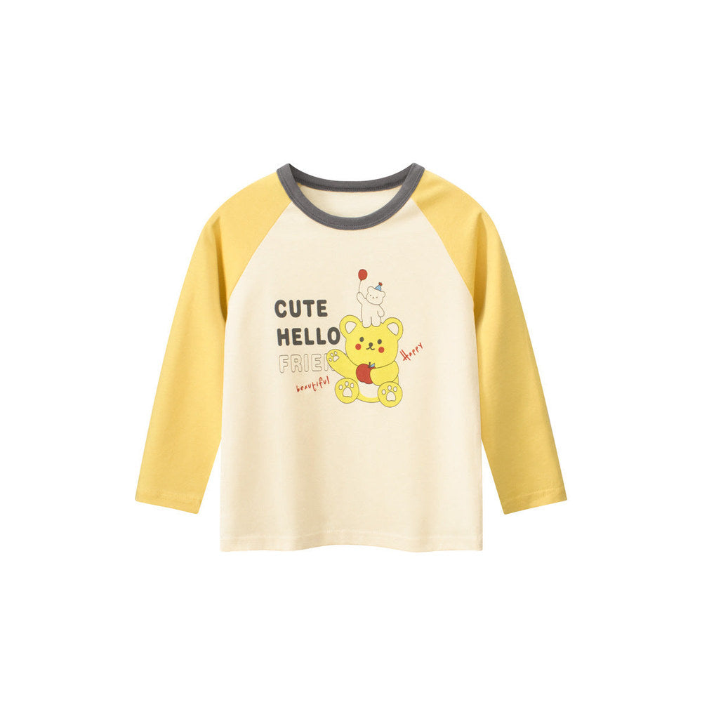 MyKids-USA® Kids Girls Cartoon Print Crew Neck Long Sleeves Color Patchwork Shirt