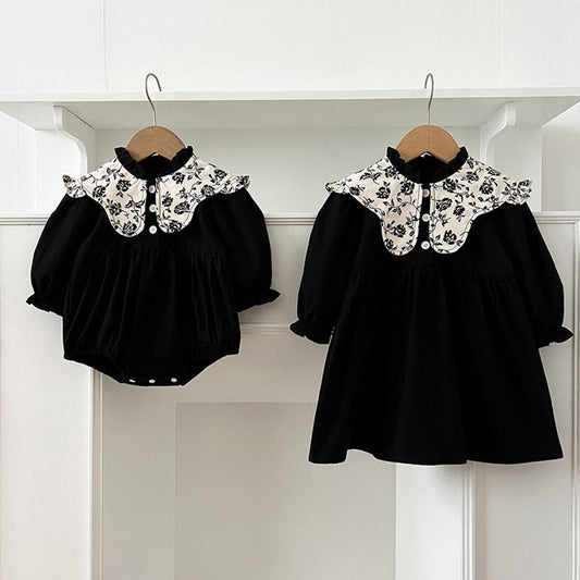 MyKids-USA® Baby Kids Girls Vintage Floral Pattern Long Sleeves bodysuit and Dress – Princess Sister Matching Set
