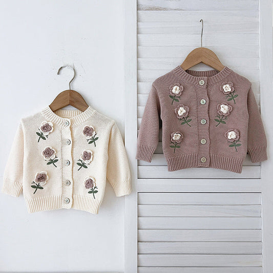 MyKids-USA® Baby Girls Comfortable Flowers Embroidery Pattern Knitted Long Sleeves Cardigan