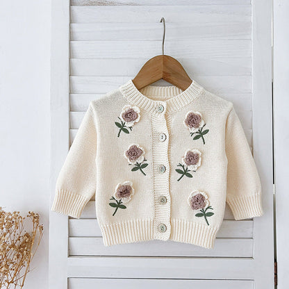 MyKids-USA® Baby Girls Comfortable Flowers Embroidery Pattern Knitted Long Sleeves Cardigan