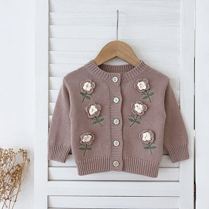 MyKids-USA® Baby Girls Comfortable Flowers Embroidery Pattern Knitted Long Sleeves Cardigan