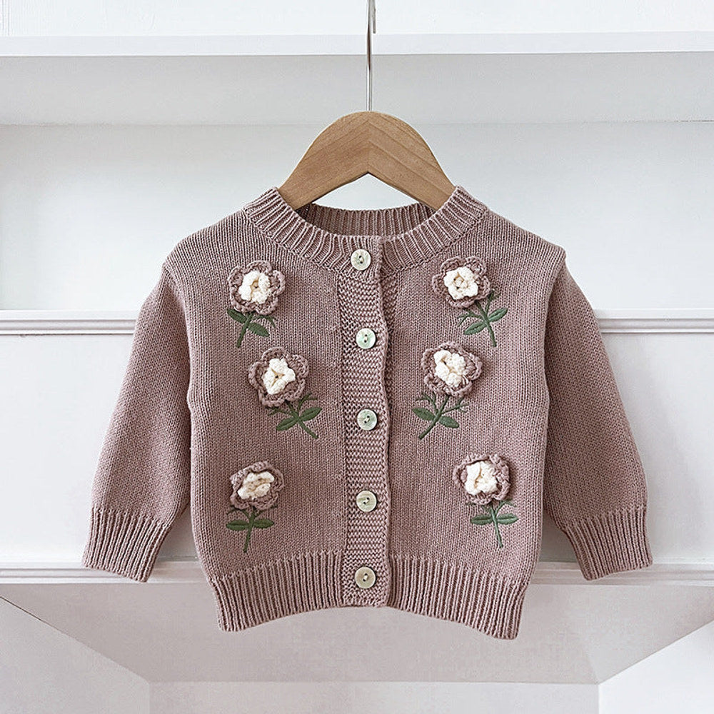 MyKids-USA® Baby Girls Comfortable Flowers Embroidery Pattern Knitted Long Sleeves Cardigan