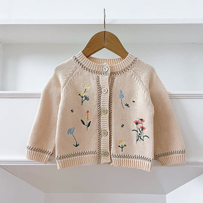 MyKids-USA® Baby Girls Comfortable Flowers Embroidery Pattern Knitted Long Sleeves Cardigan