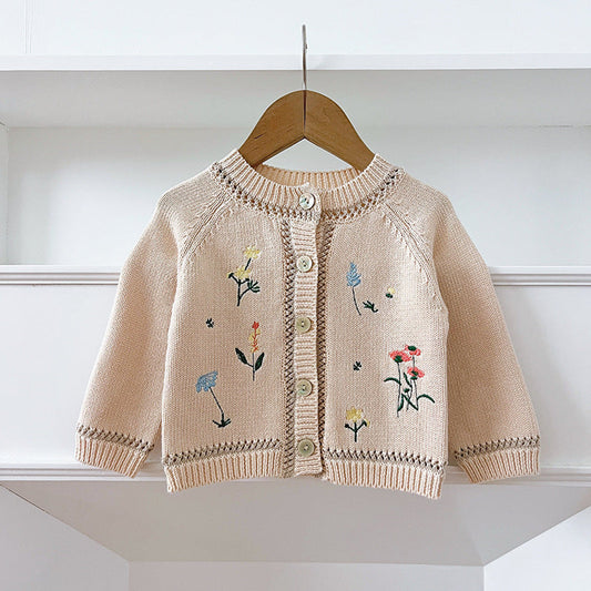 MyKids-USA® Baby Girls Comfortable Flowers Embroidery Pattern Knitted Long Sleeves Cardigan