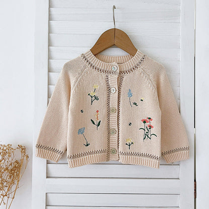 MyKids-USA® Baby Girls Comfortable Flowers Embroidery Pattern Knitted Long Sleeves Cardigan